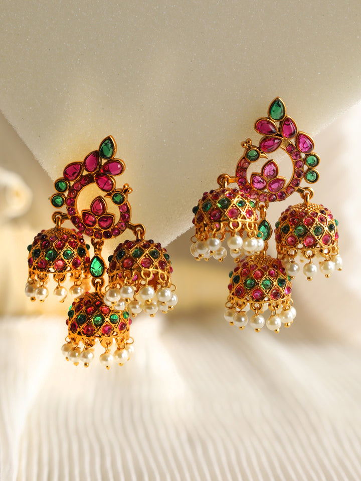 Priyaasi Multicolor Peacock Triple Jhumka Gold-Plated Earrings