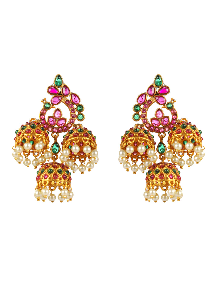 Priyaasi Multicolor Peacock Triple Jhumka Gold-Plated Earrings