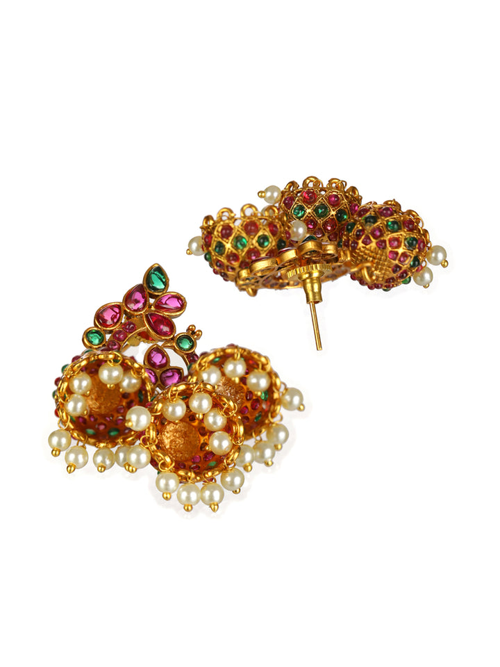 Priyaasi Multicolor Peacock Triple Jhumka Gold-Plated Earrings