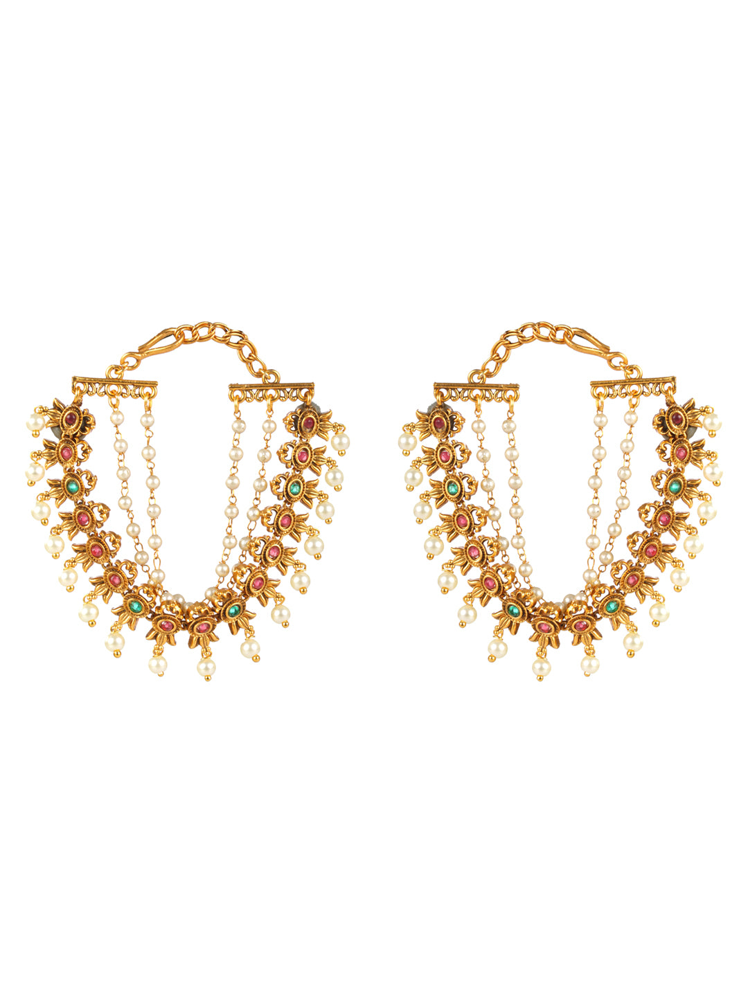 Priyaasi Multicolor Floral Pearl Layered Gold-Plated Earring Chain