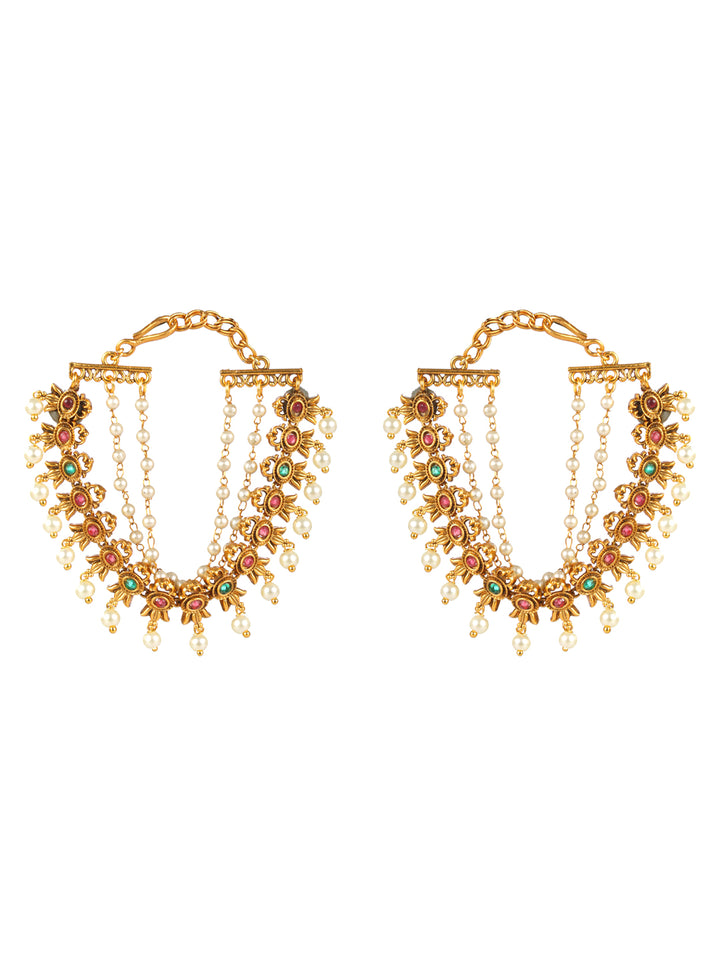 Priyaasi Multicolor Floral Pearl Layered Gold-Plated Earring Chain