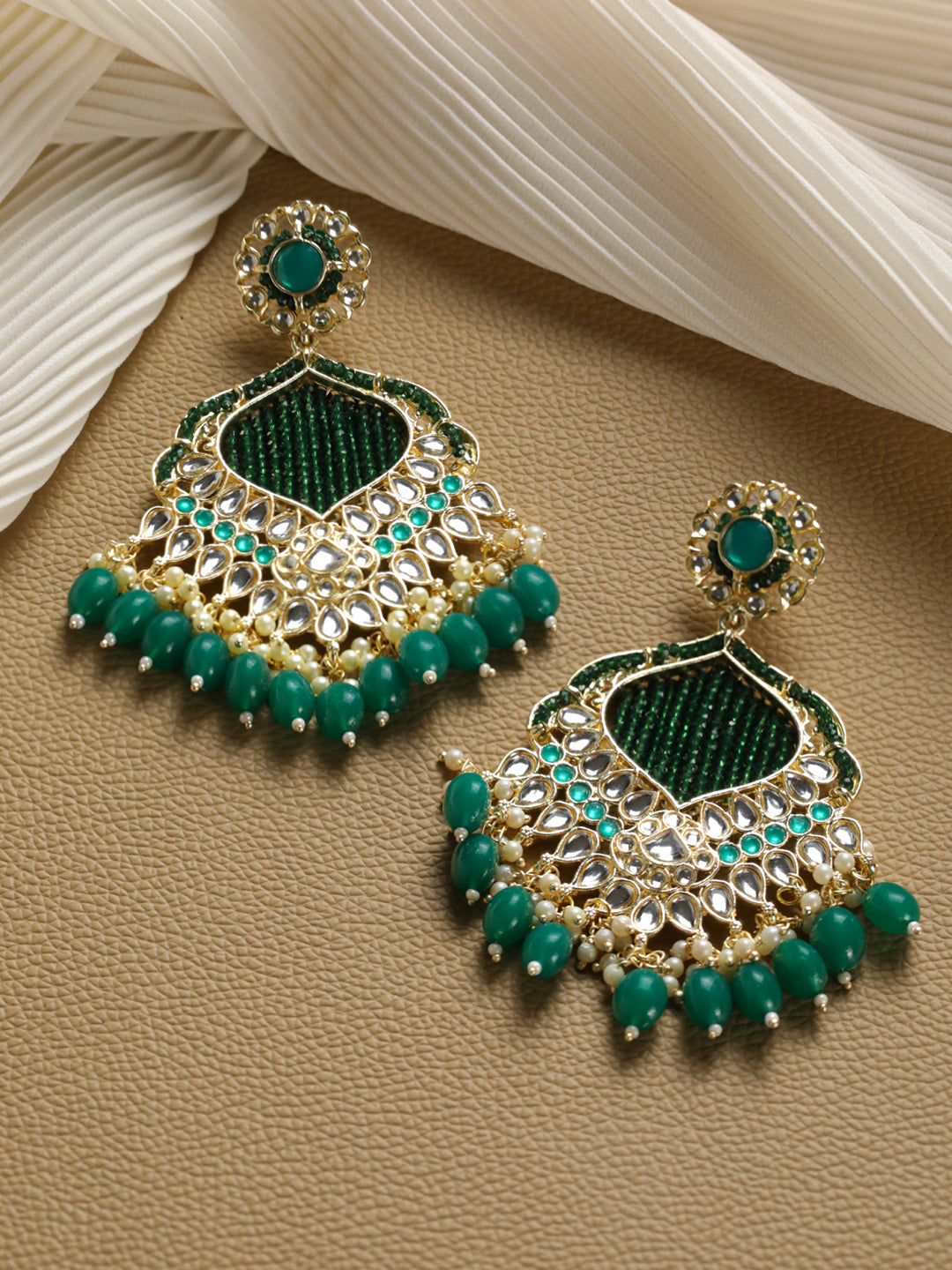 Priyaasi Green Floral Kundan Gold-Plated Drop Earrings