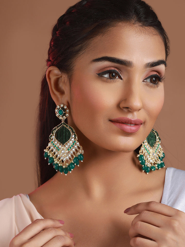 Priyaasi Green Floral Kundan Gold-Plated Drop Earrings