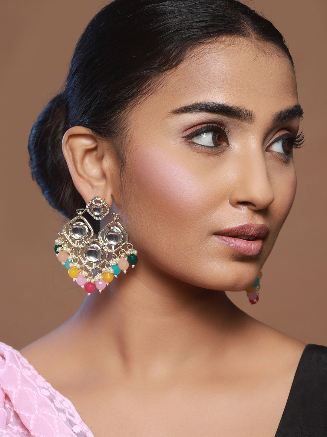 Priyaasi Multicolor Studded Shapes Gold-Plated Drop Earrings