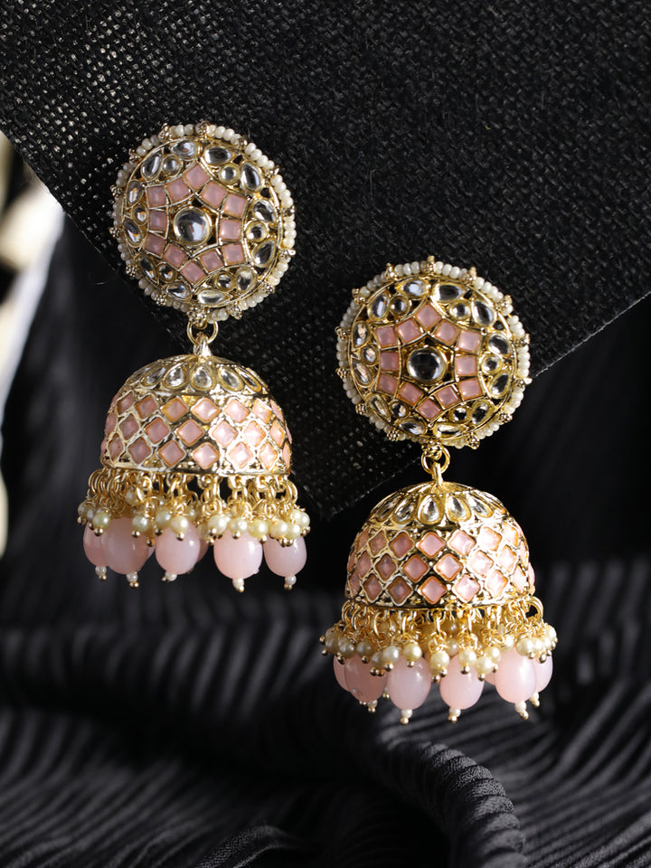 Priyaasi Pretty Pink Pearl Gold-Plated Jhumka Earrings