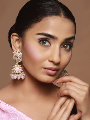 Priyaasi Pretty Pink Pearl Gold-Plated Jhumka Earrings