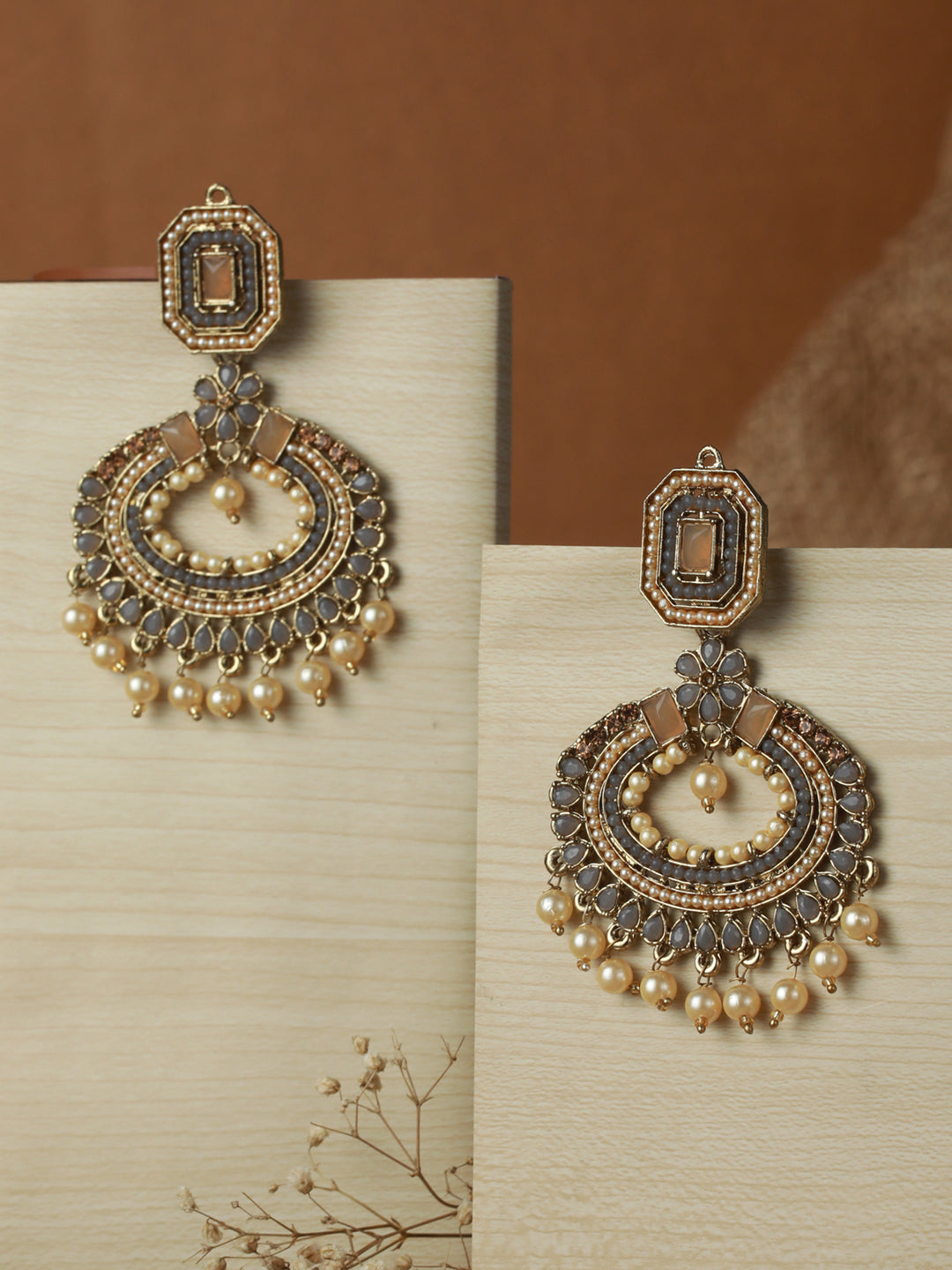 Priyaasi Grey Floral Pearl Studded Gold-Plated Chandbali Earrings