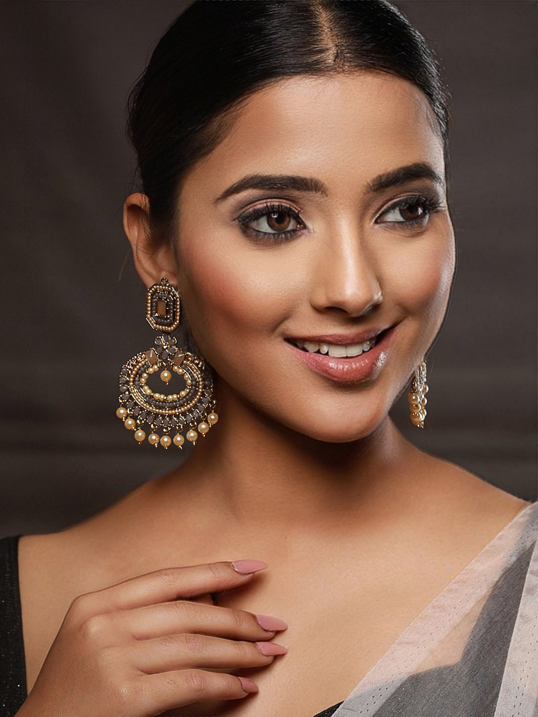 Priyaasi Grey Floral Pearl Studded Gold-Plated Chandbali Earrings