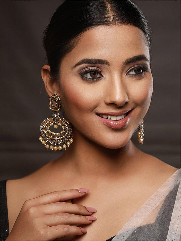 Priyaasi Grey Floral Pearl Studded Gold-Plated Chandbali Earrings