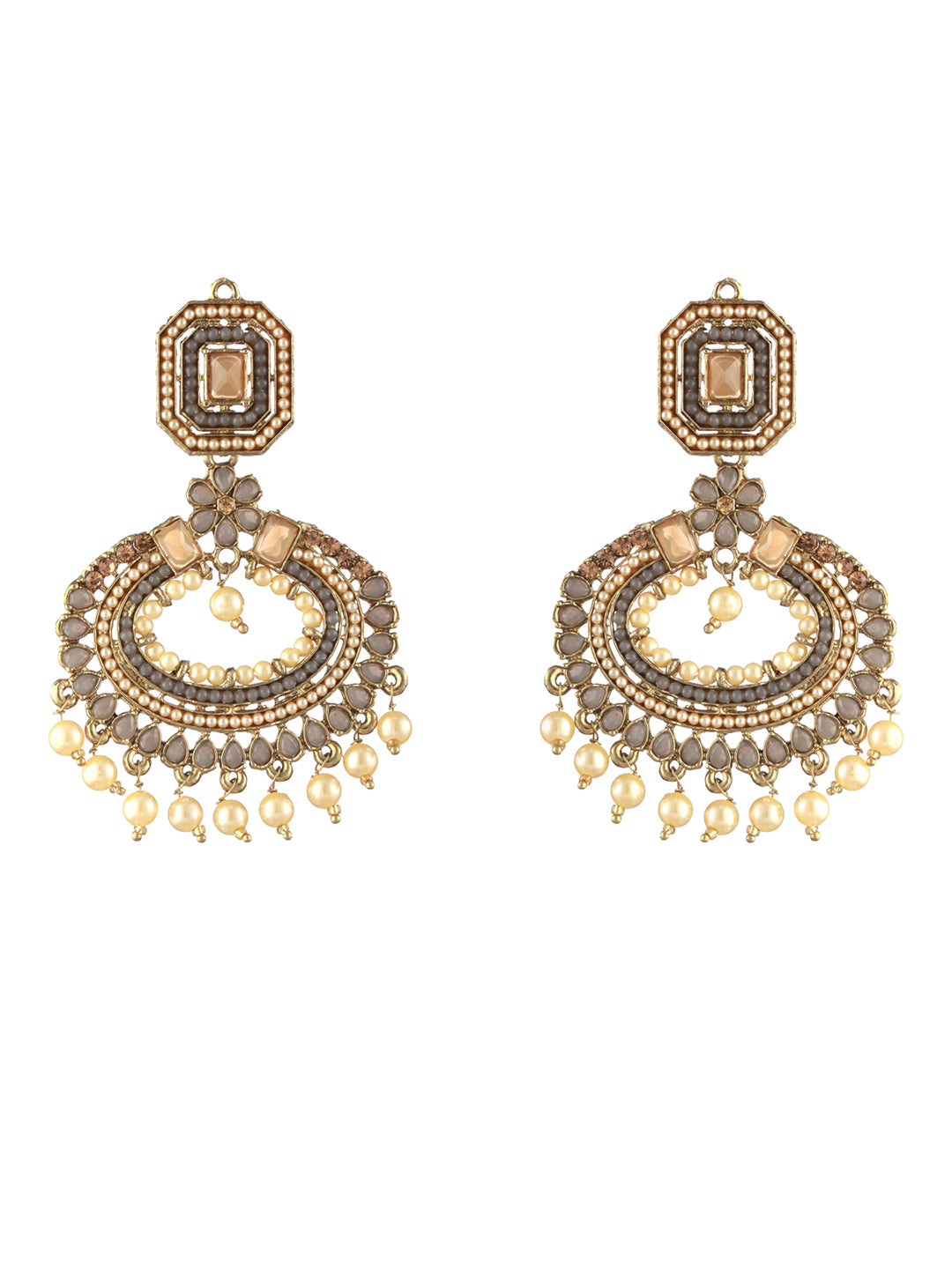 Priyaasi Grey Floral Pearl Studded Gold-Plated Chandbali Earrings