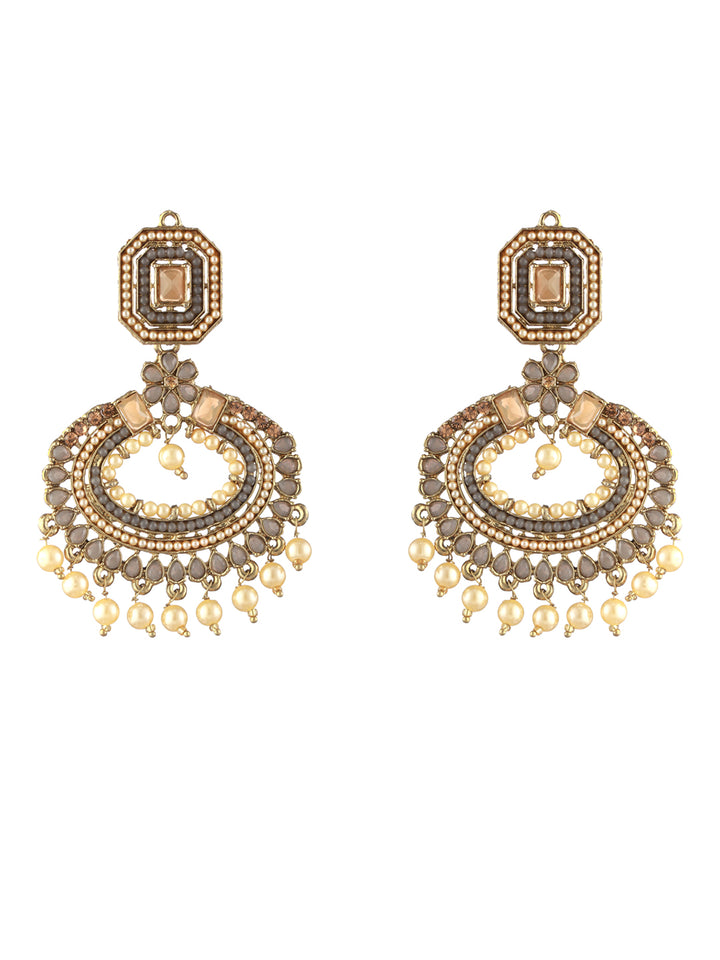 Priyaasi Grey Floral Pearl Studded Gold-Plated Chandbali Earrings