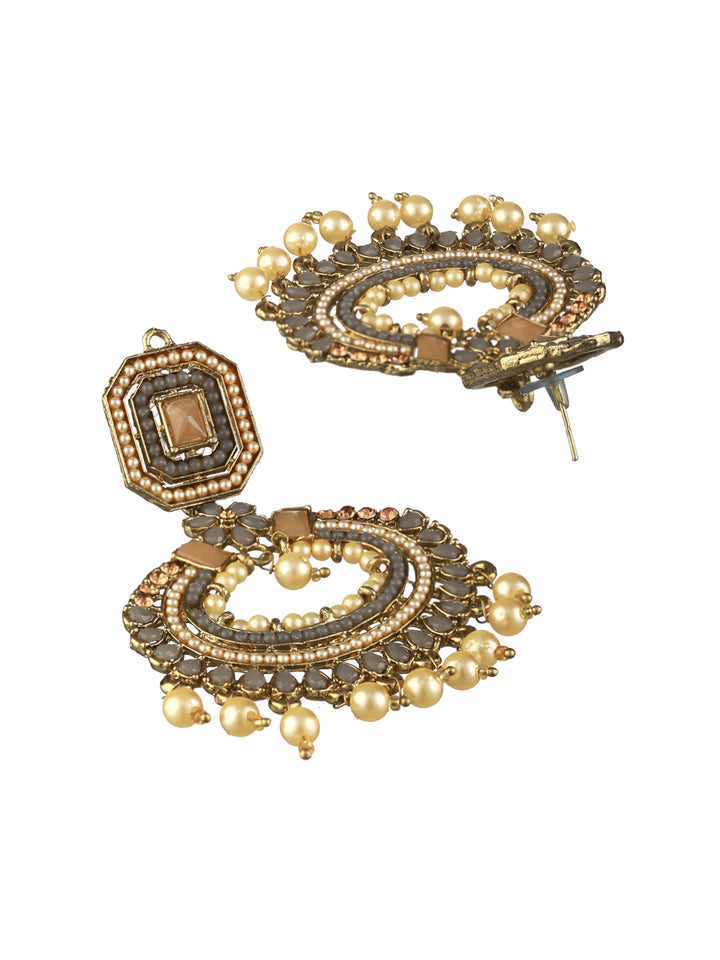 Priyaasi Grey Floral Pearl Studded Gold-Plated Chandbali Earrings