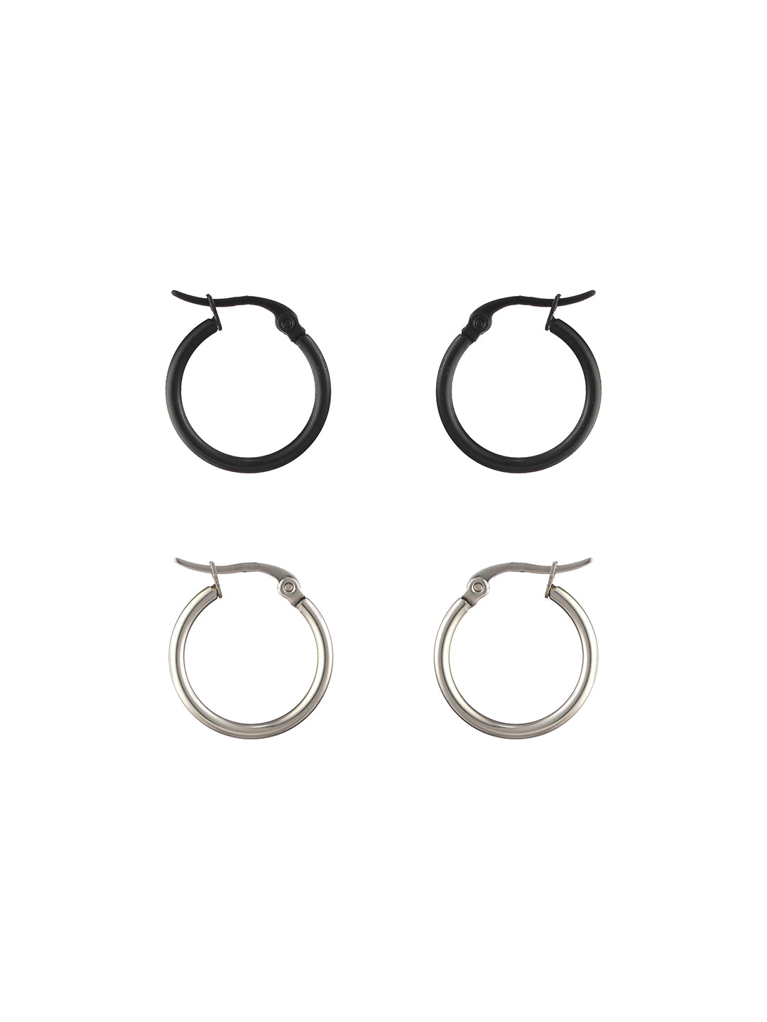Solid Silver and Black Hoop Earring Set of 2