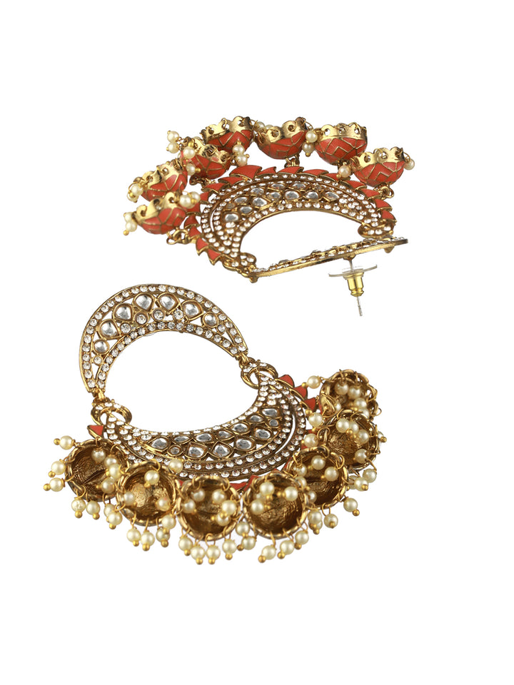 Priyaasi Peach Kundan Pearl Gold-Plated Chandbali Earrings