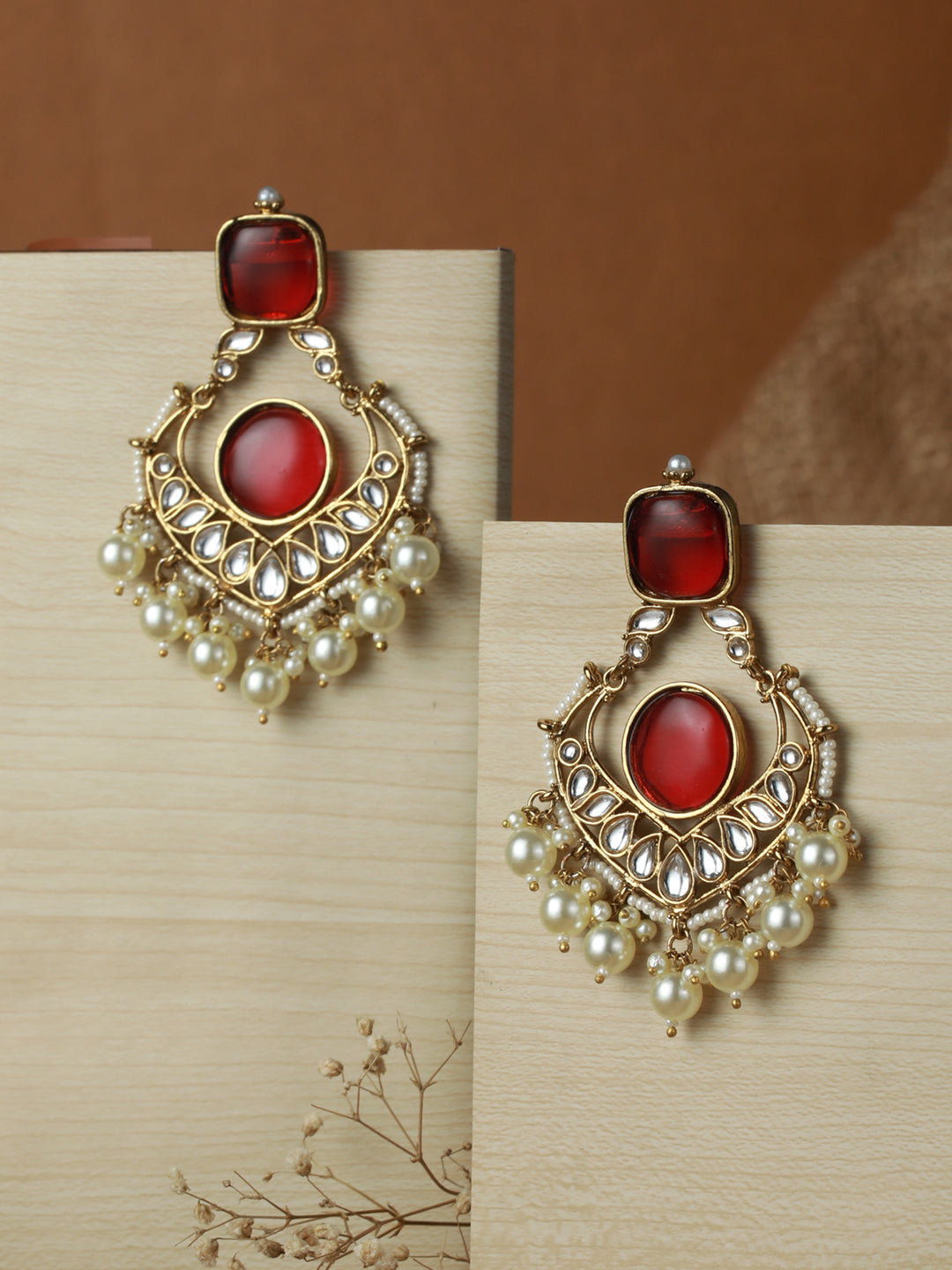 Priyaasi Pink Leaf Kundan Pearl Gold-Plated Chandbali Earrings