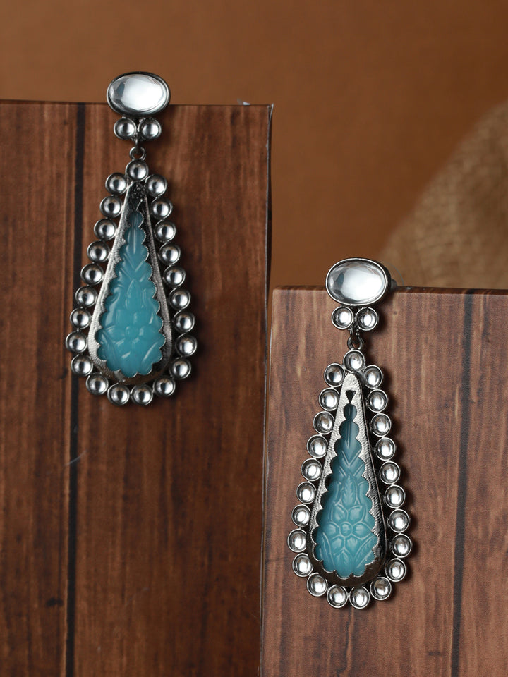 Priyaasi Blue Leaf Kundan Silver-Plated Drop Earrings