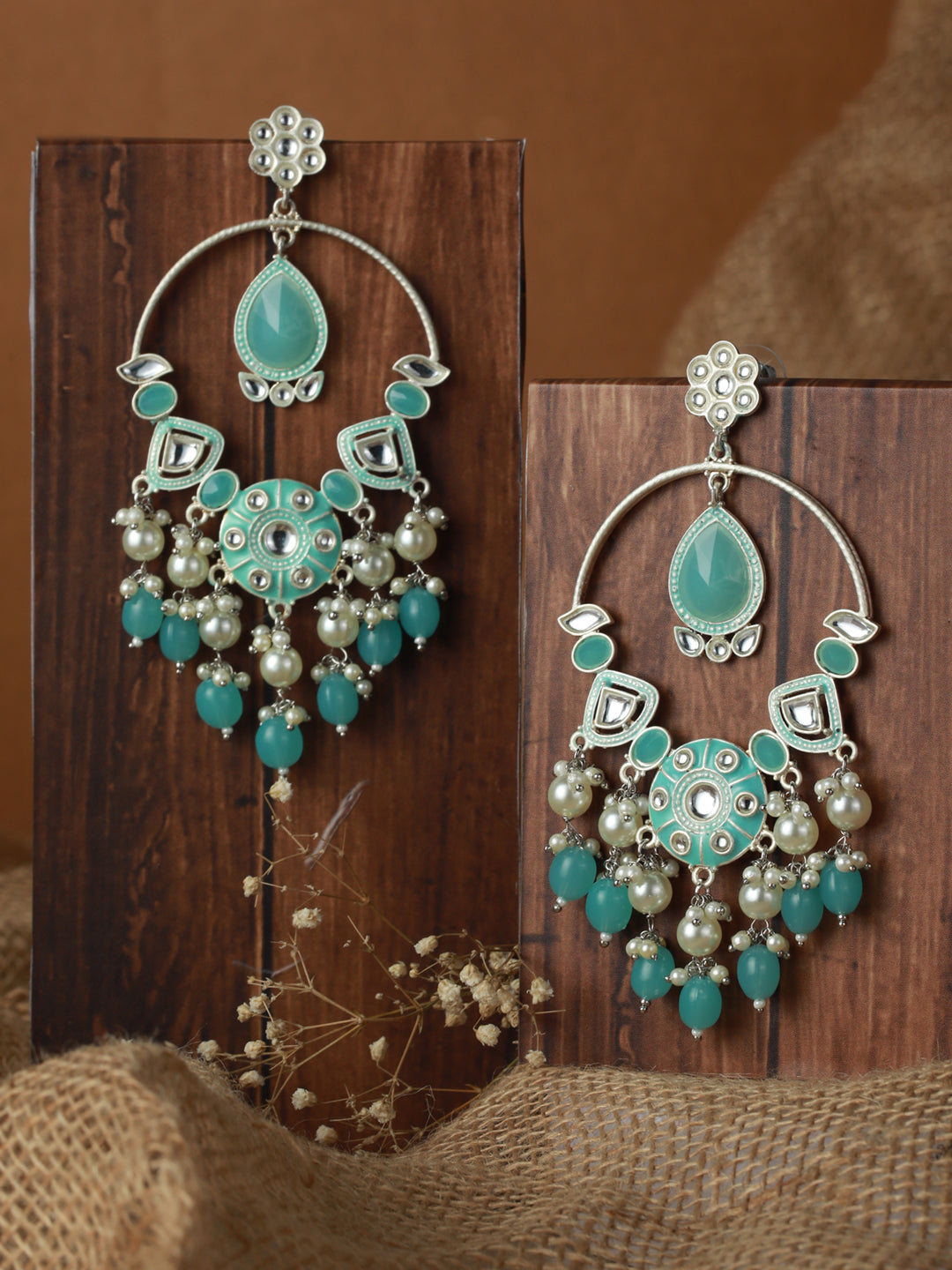 Priyaasi Blue Kundan Pearl Meenakari Silver-Plated Drop Earrings