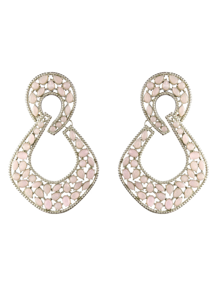 Priyaasi Pink Studded Leaf Silver-Plated Drop Earrings