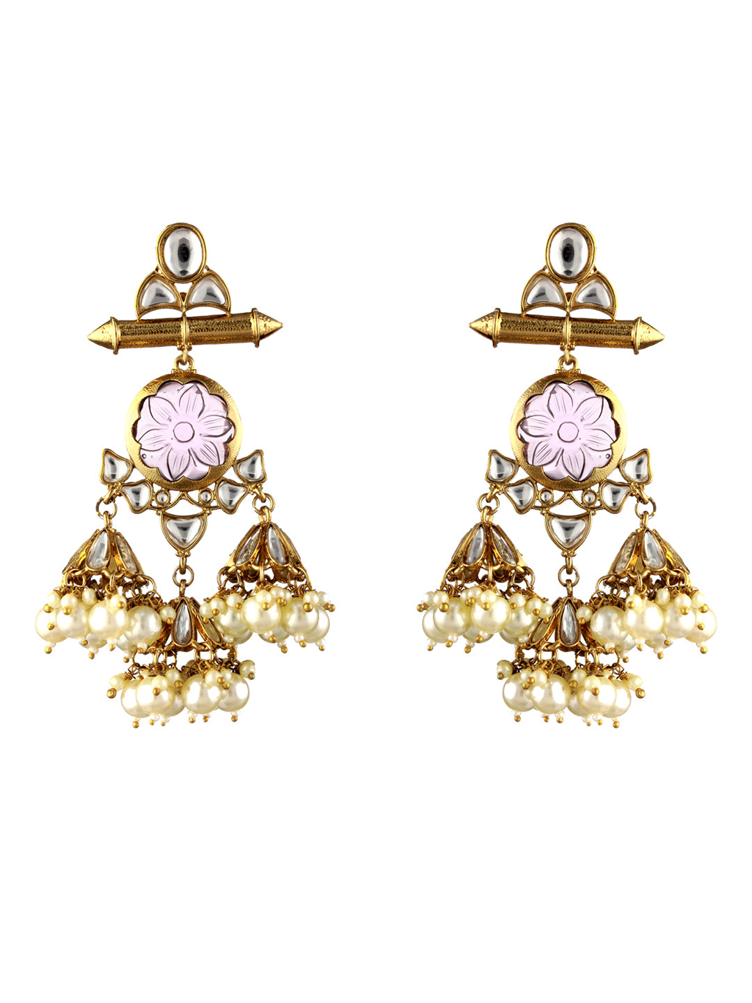 Priyaasi Pink Floral Kundan Pearl Gold-Plated Drop Earrings
