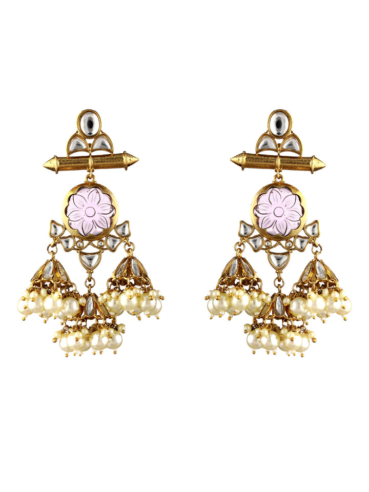 Priyaasi Pink Floral Kundan Pearl Gold-Plated Drop Earrings