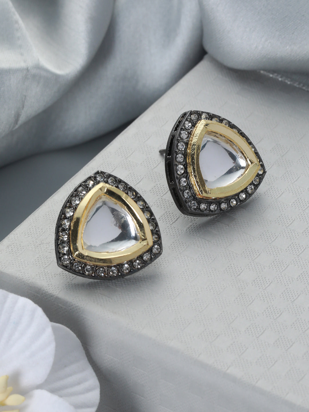 Priyaasi Triangular Stone Embedded Oxidised Silver Stud Earrings