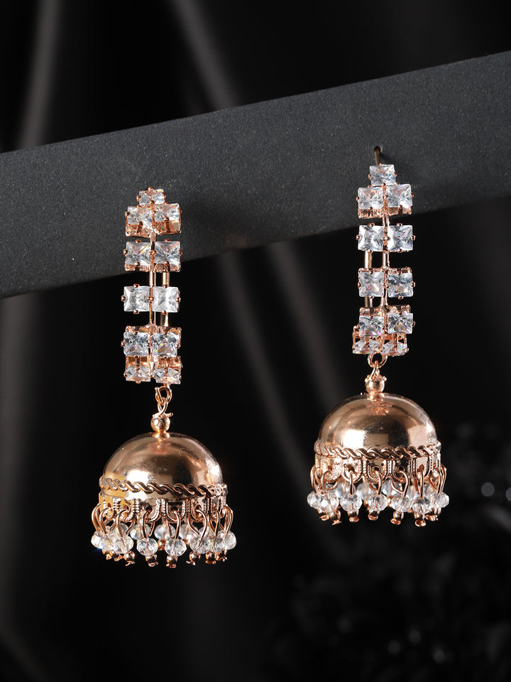 AD Studded Block Hoop Rose Gold-Plated Jhumka Earrings