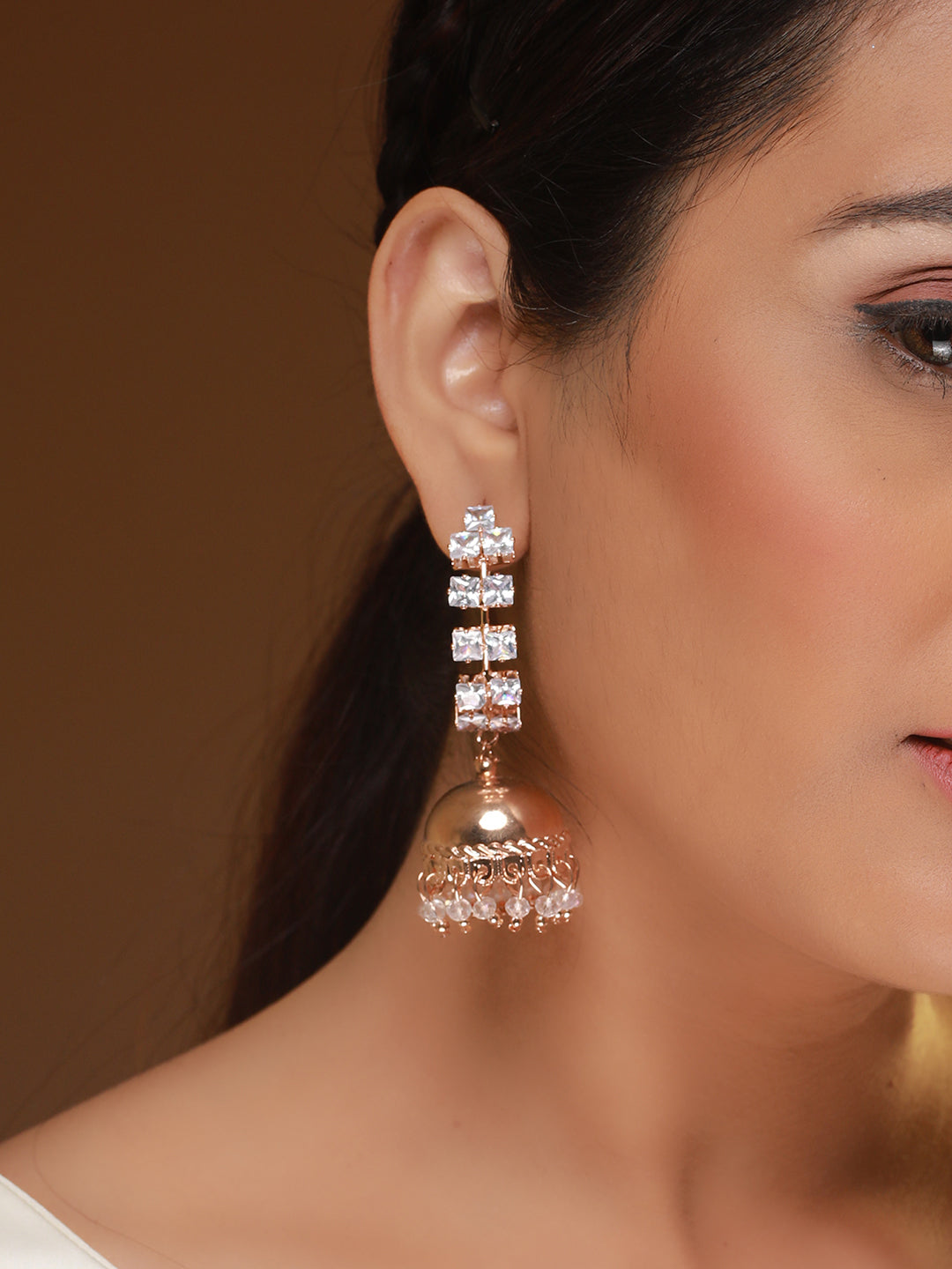 AD Studded Block Hoop Rose Gold-Plated Jhumka Earrings