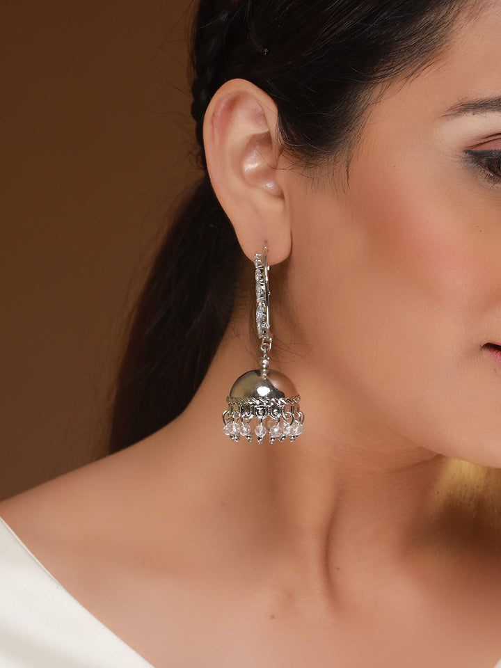 Leaf-Cut AD Studded Hoop Silver-Plated Jhumka Earrings
