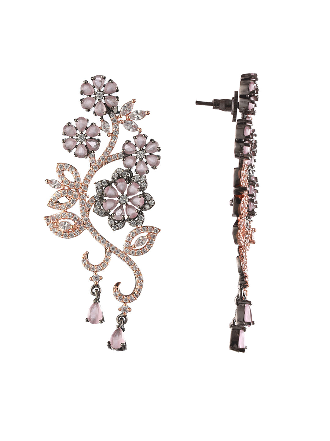 Floral AD Purple Stone Studded Rose Gold-Plated Drop Earrings