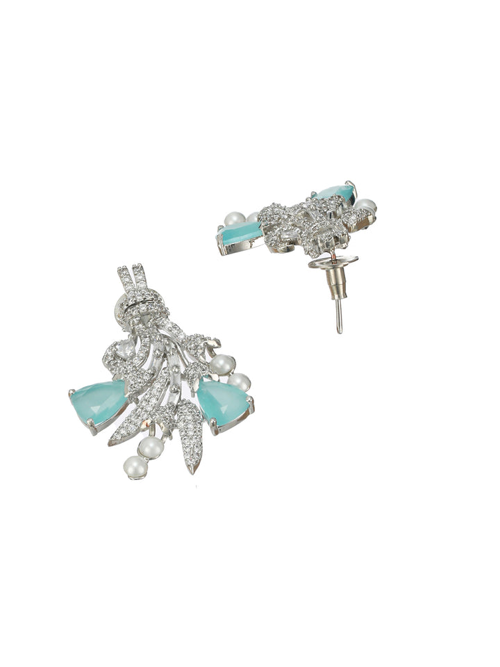 Blue Floral AD Pearl Silver-Plated Drop Earrings