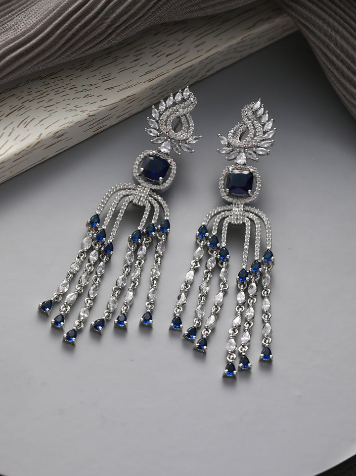 Blue Leaf Block Design Tasselled Silver-Plated Drop Earrings