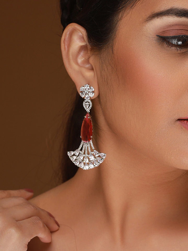 Red Floral AD Studded Silver-Plated Earrings