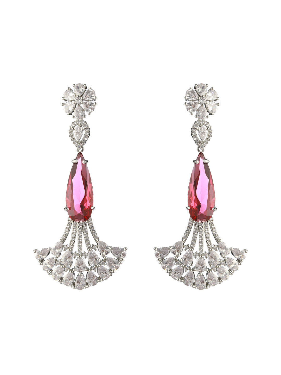 Red Floral AD Studded Silver-Plated Earrings