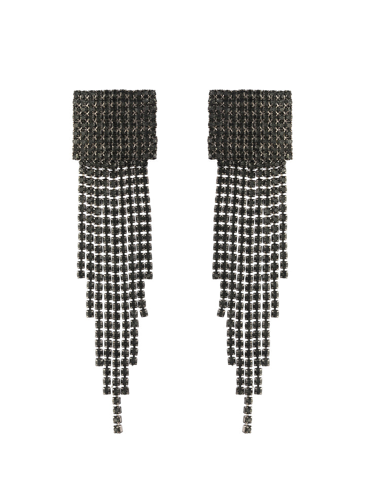 Black Block Tasselled Stone Studded Drop Earrings