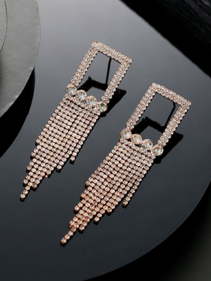 Studded Block Tasselled Rose Gold-Plated Drop Earrings