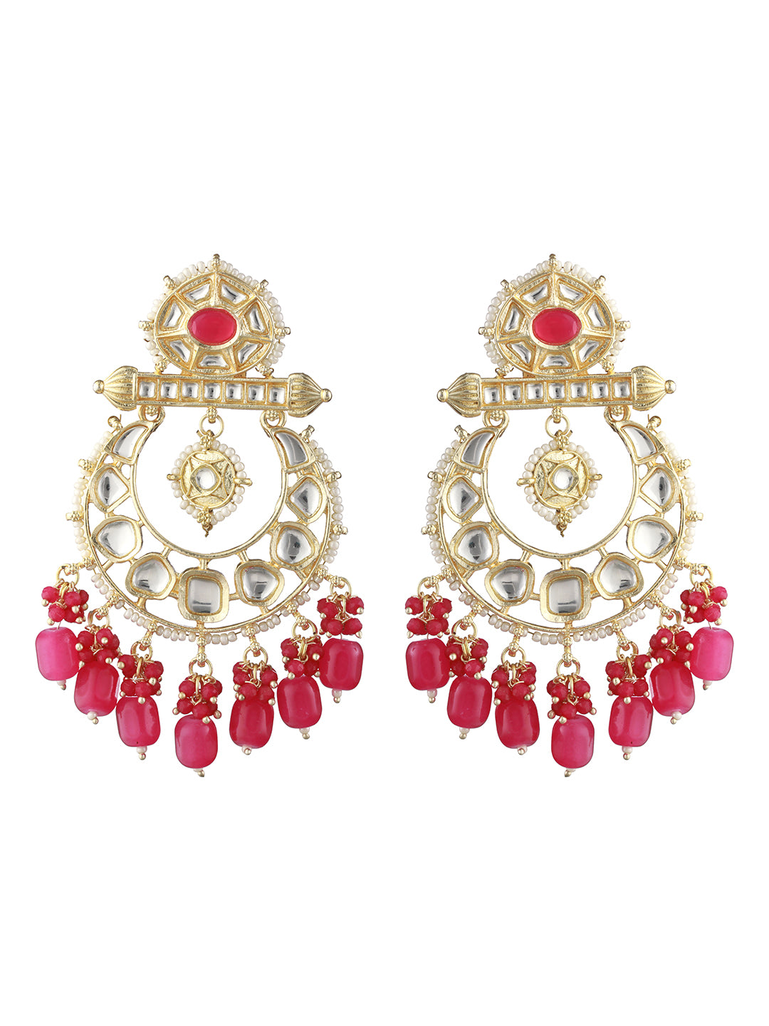 Pink Kundan Beaded Chandbali Gold-Plated Earrings