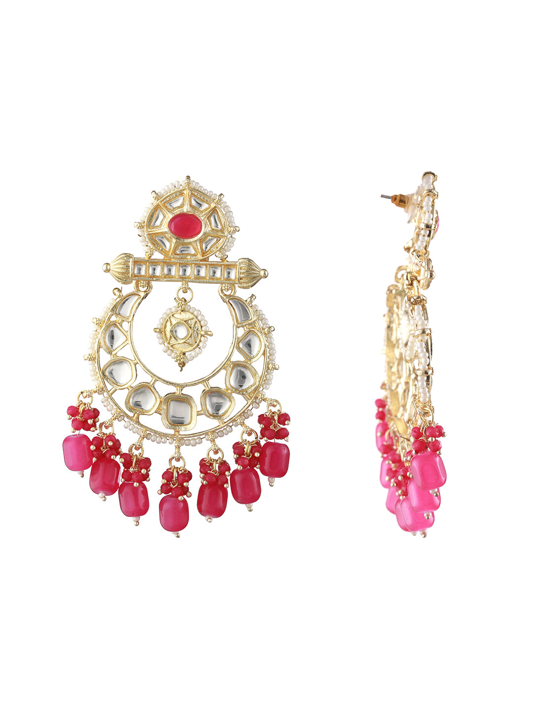 Pink Kundan Beaded Chandbali Gold-Plated Earrings