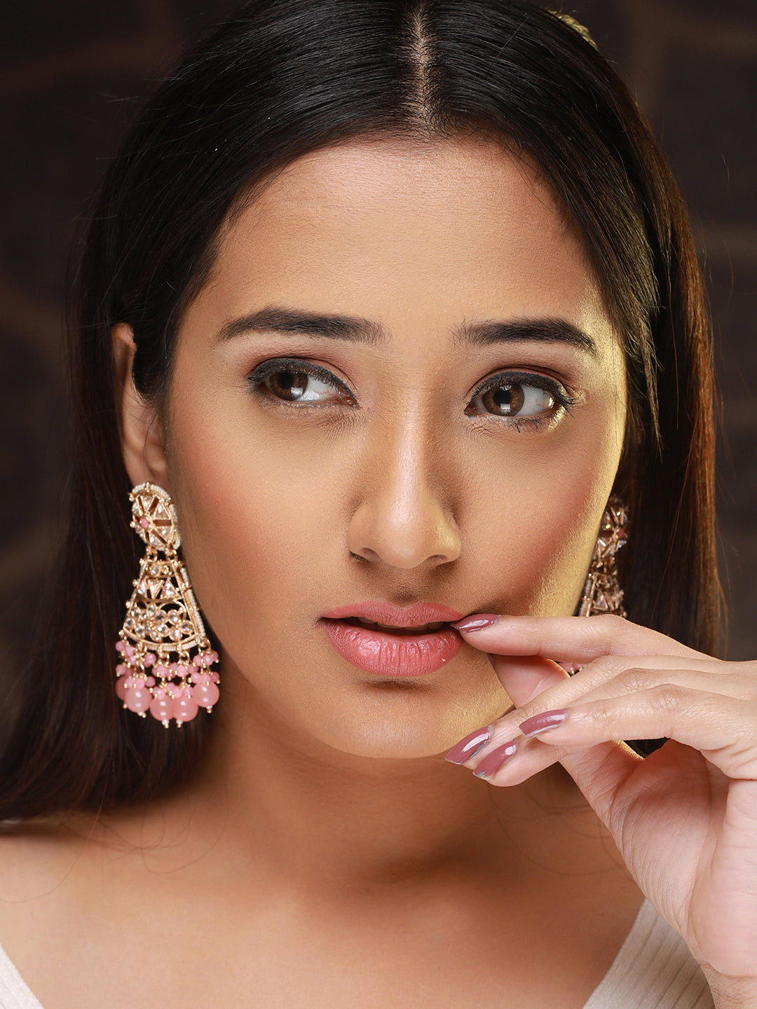 Pretty Pink Studded Floral Gold-Plated Drop Earrings