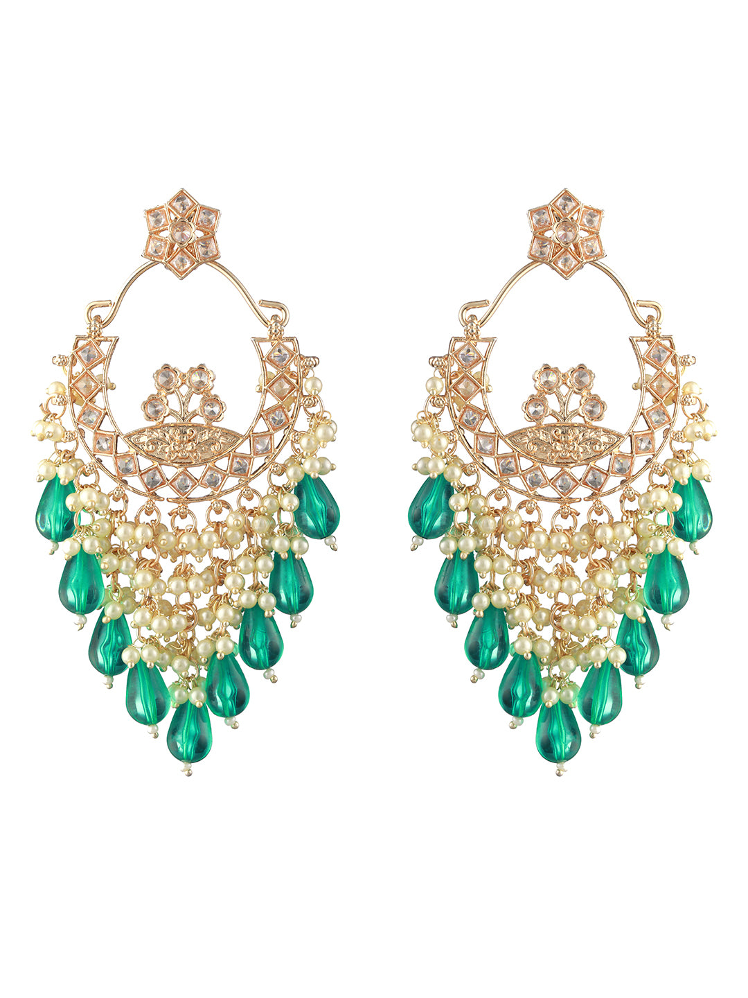 Sea Green Studded Floral Pearl Chandbali Gold-Plated Earrings