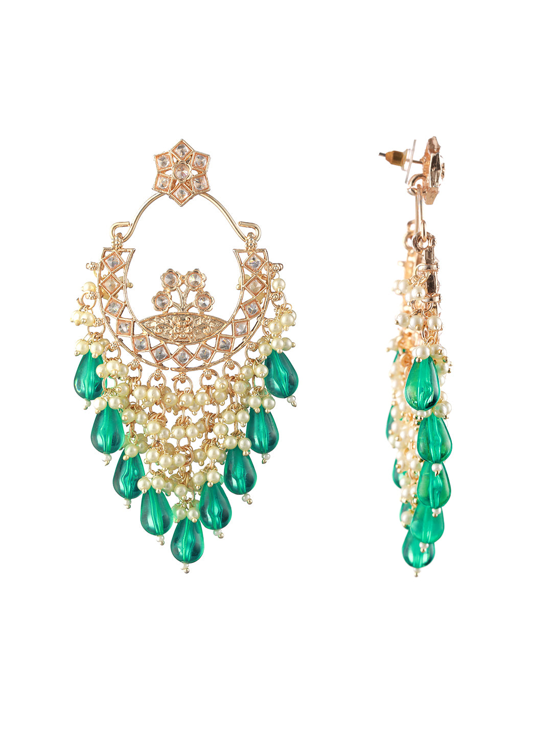 Sea Green Studded Floral Pearl Chandbali Gold-Plated Earrings