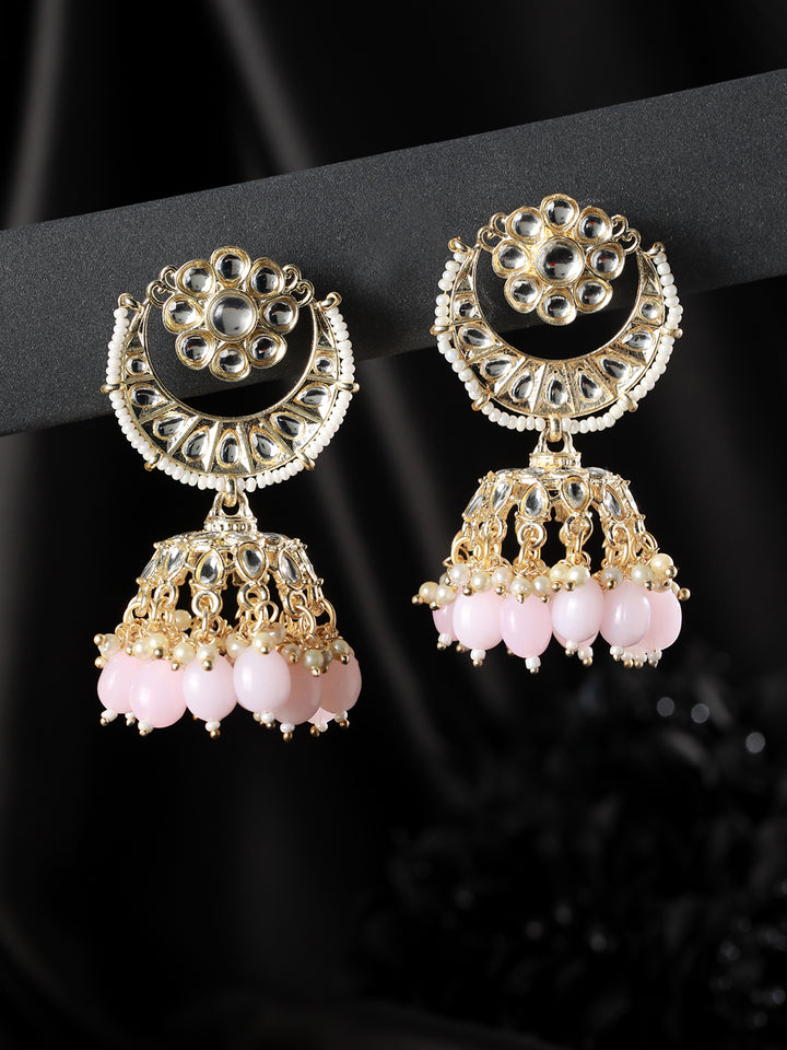 Pink Kundan Floral Pearl Beaded Gold-Plated Jhumka Earrings