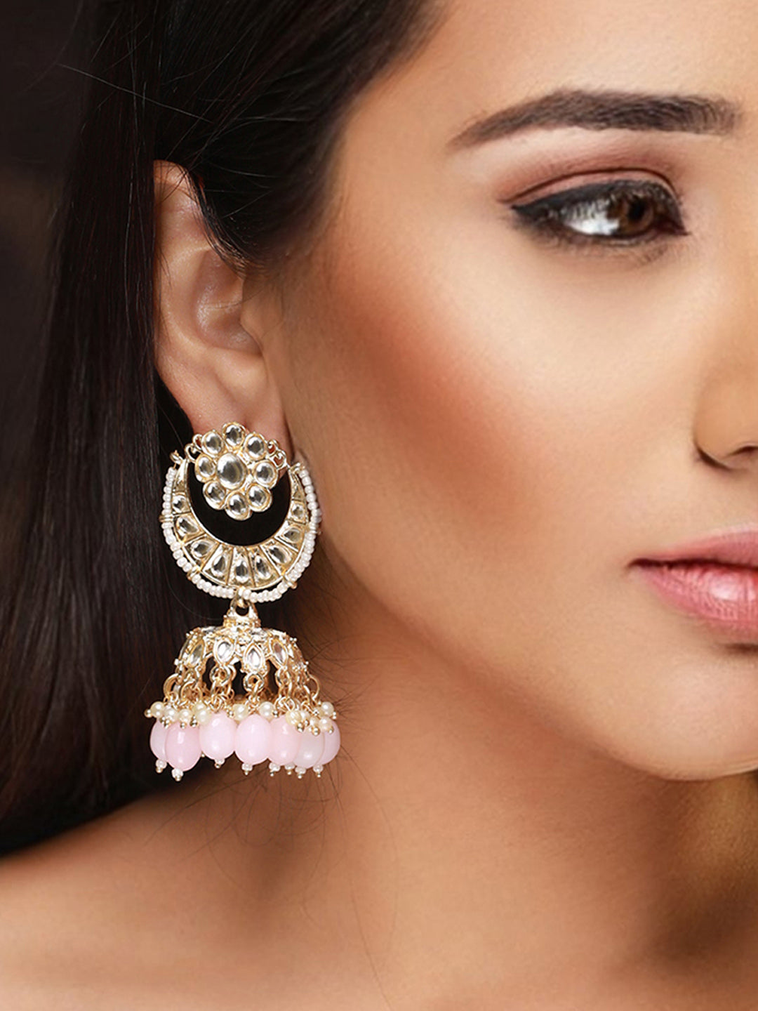 Pink Kundan Floral Pearl Beaded Gold-Plated Jhumka Earrings