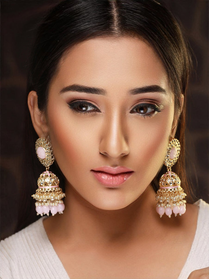 Pink Kundan Floral Pearl Gold-Plated Jhumka Earrings