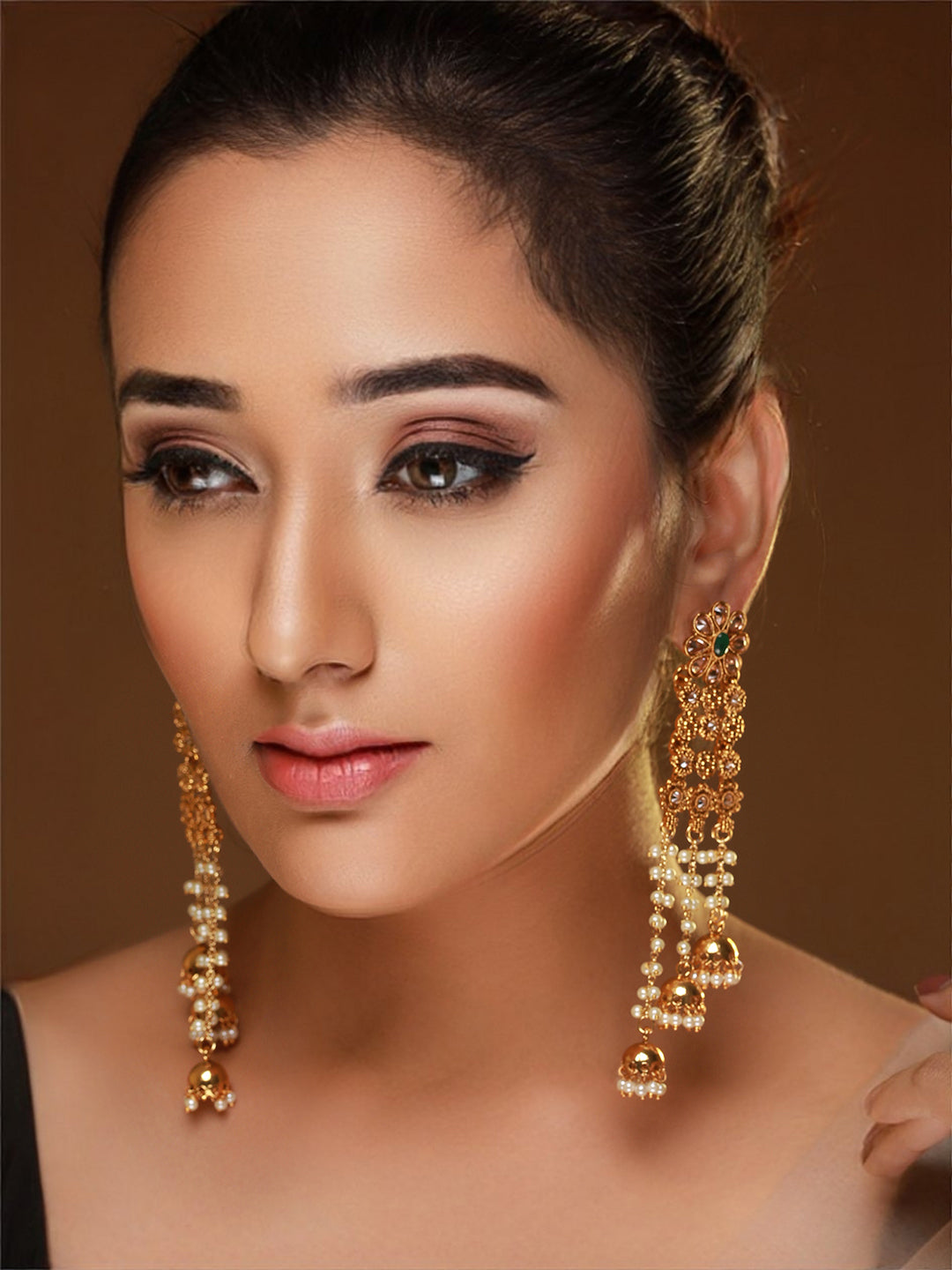 Studded Floral Pearl Jhumka Tassel Drop Gold-Plated Earrings