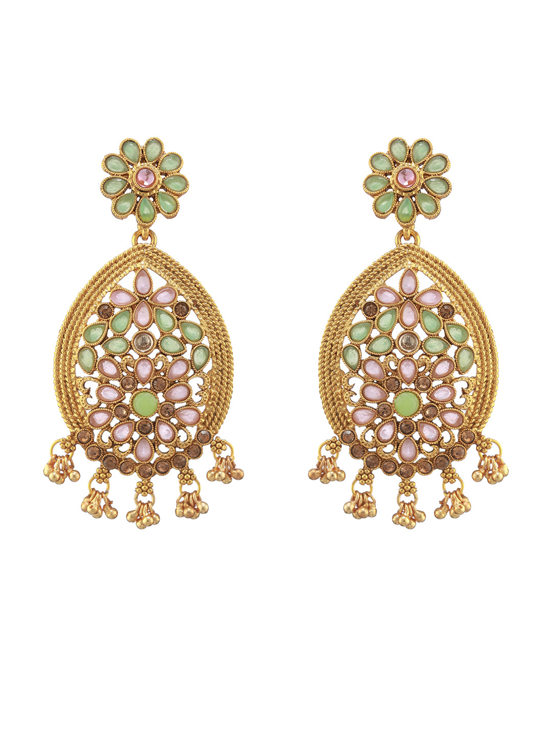 Floral Pink & Green Stone Studded Gold-Plated Earrings