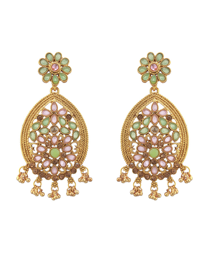 Floral Pink & Green Stone Studded Gold-Plated Earrings