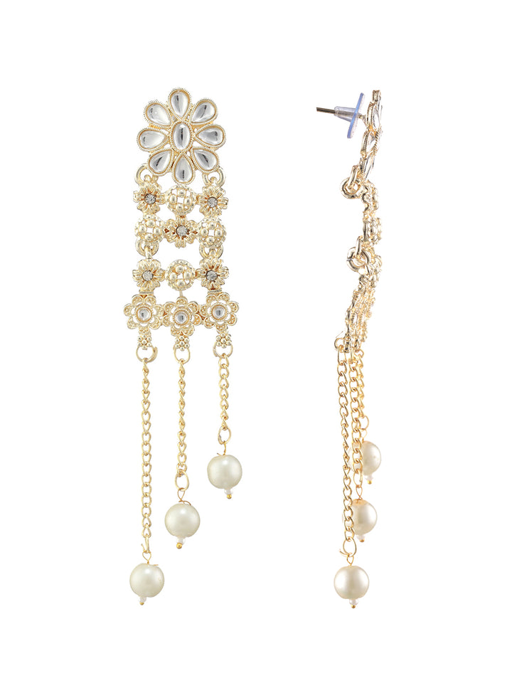 Studded White Flower Pearl Tassel Drop Gold-Plated Earrings