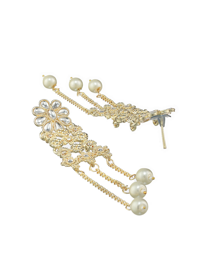 Studded White Flower Pearl Tassel Drop Gold-Plated Earrings