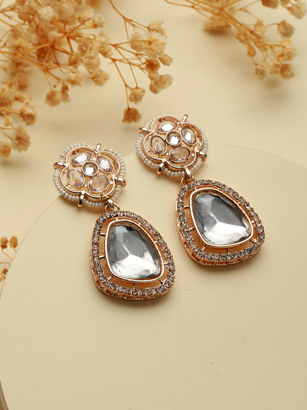 Floral AD Studded Rose Gold-Plated Drop Earrings