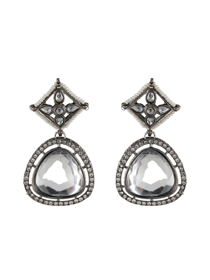 Floral AD Studded Silver-Plated Drop Earrings